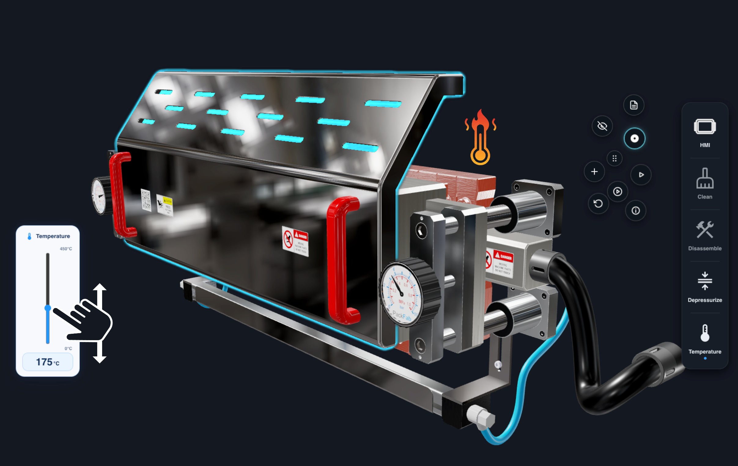 Máquina industrial con interfaz interactiva, controles e información de componentes