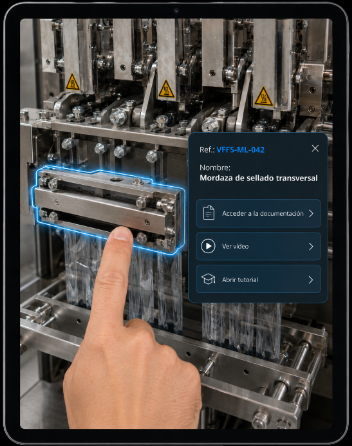 Tablet mostrando una pieza en 3D con su documentación técnica enlazada